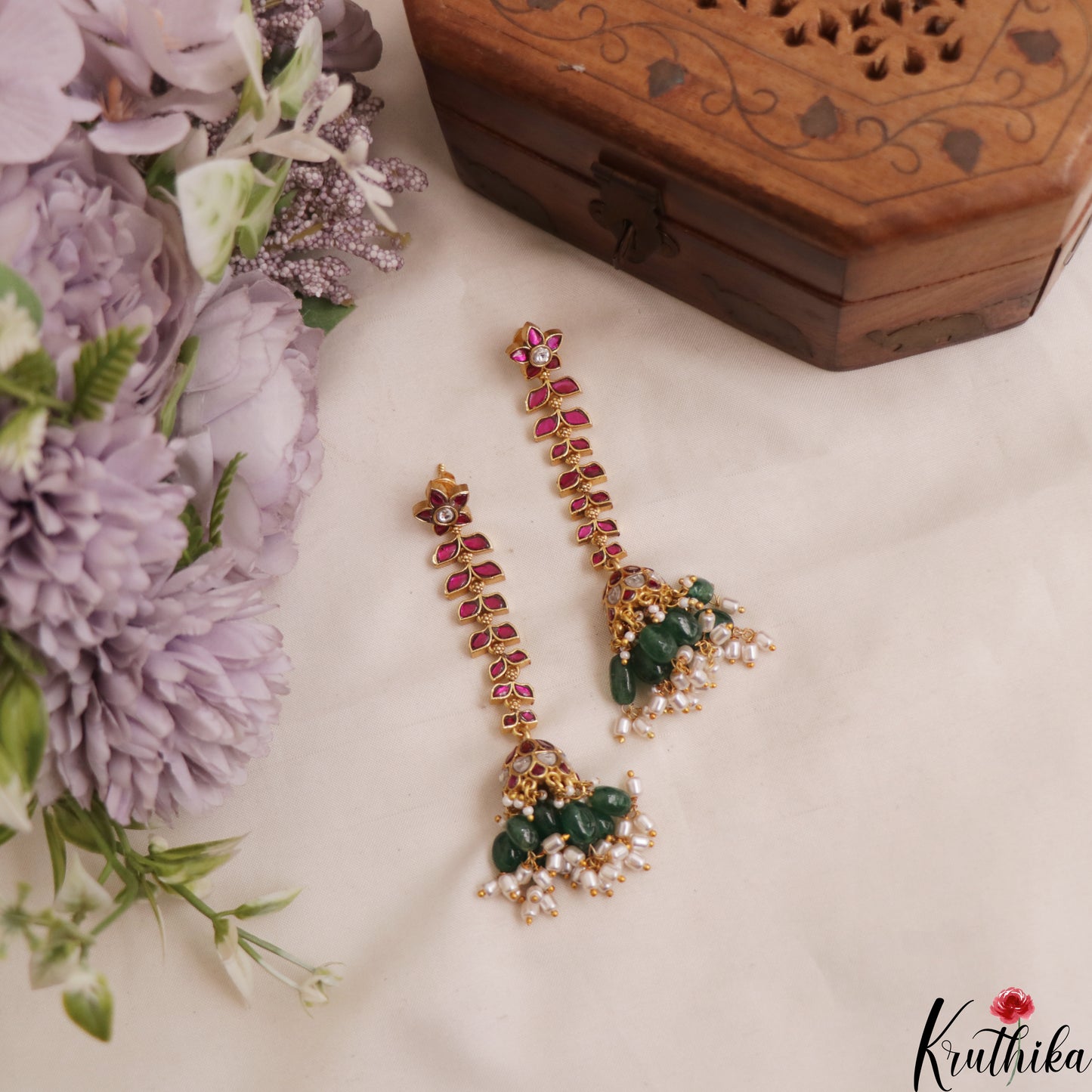 Premium Floral Leaf Motifs Jadau Jhumkas With Green Bead Drops E1146
