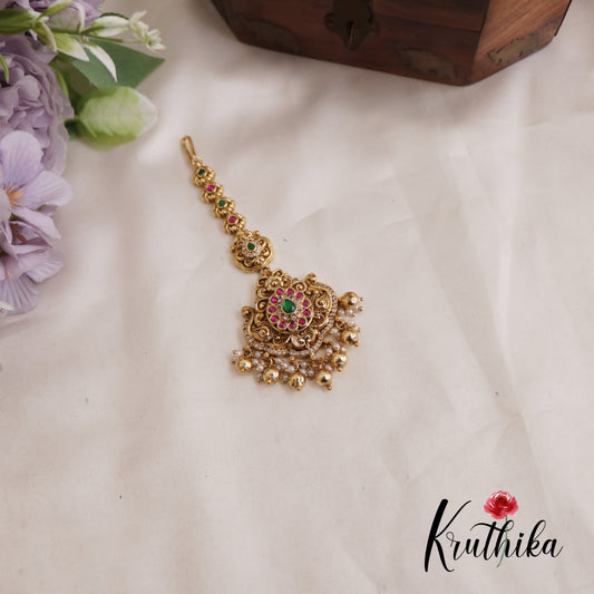 Classic Teardrop Motifs Jadau Maangh Tikka With Pearl And Bead Drops MT316 (Available In 2 Colors)