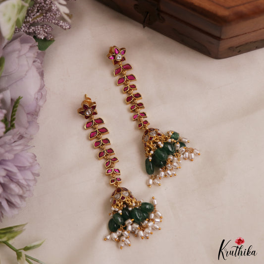 Premium Floral Leaf Motifs Jadau Jhumkas With Green Bead Drops E1146