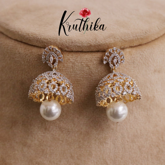 Simple CZ Sparkling Jhumka with Pearl Drop E620
