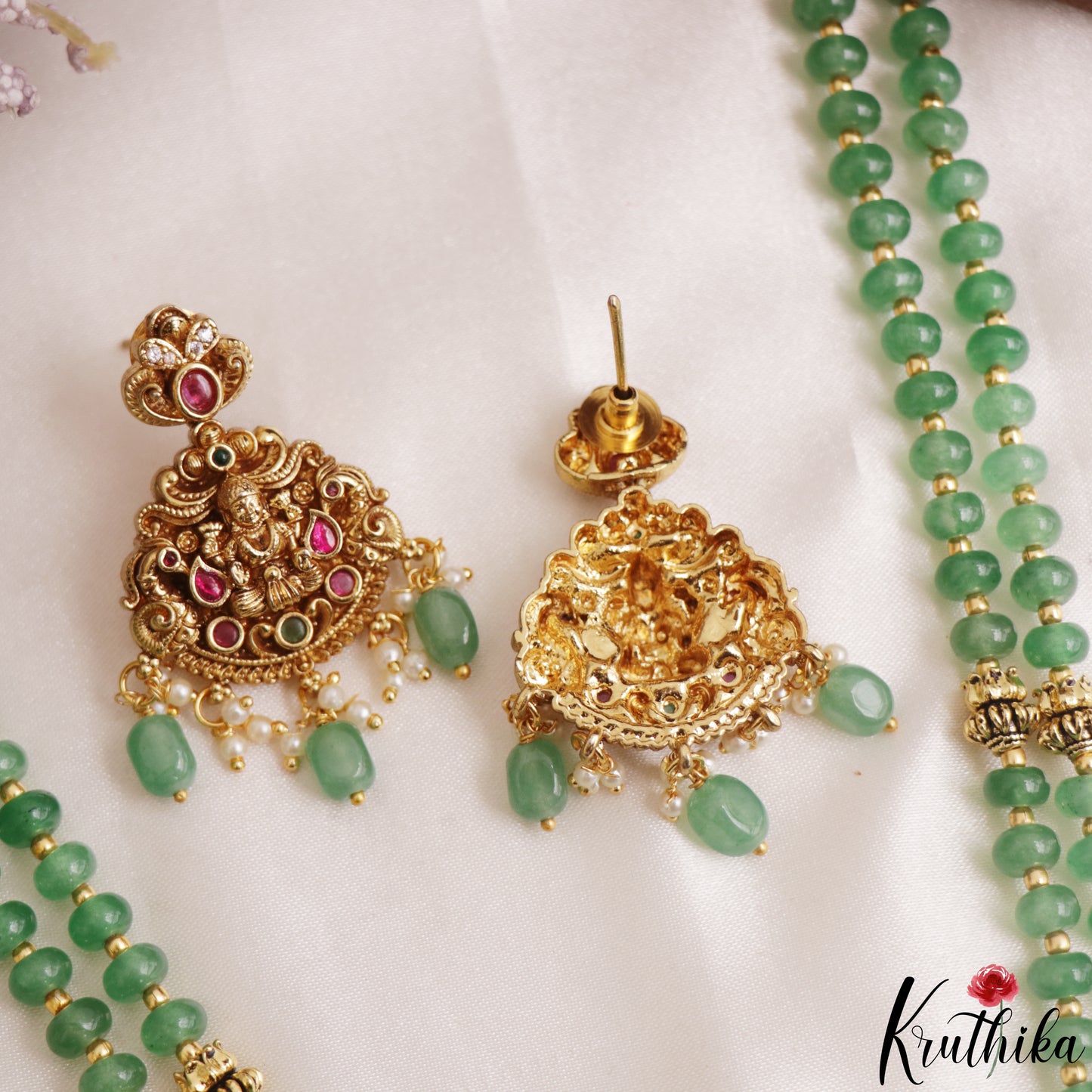 Trendy Antique Lakshmi Motifs Double Layered Green Beads Jadau Haaram LH2159