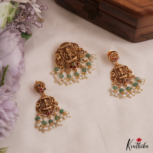 Classic Antique Lakshmi Peacock Motifs Jadau Pendant Set With Green Bead Drops PS298