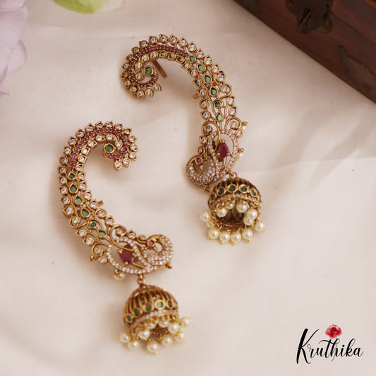 Stunning Peacock Motifs Kemp Ear Cuff With Jhumka E998 (Available In 2 Colors)