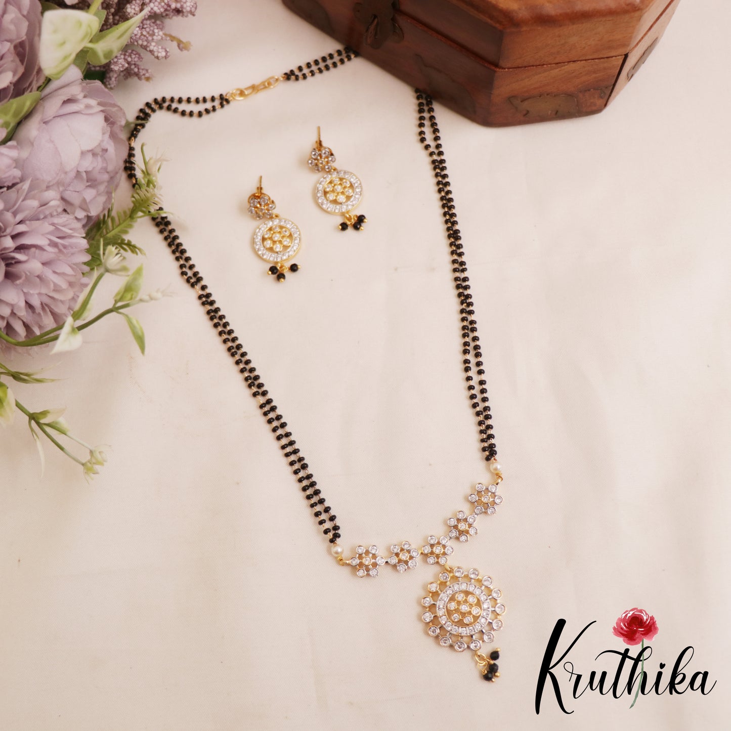 Classic Floral Double Layered AD Mangalsutra With Earrings Set NC2909