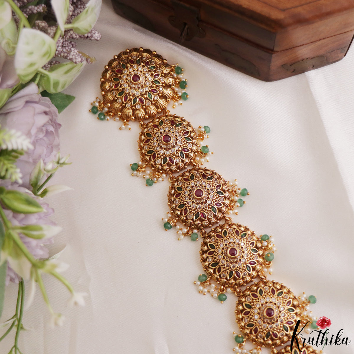Classic Floral Motifs Jhumka Jadau Jada Billa With Green Bead Drops J441