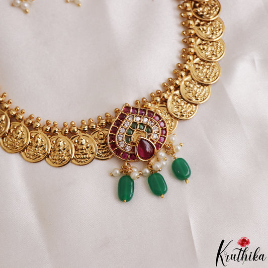 Classic Teardrop Motifs Lakshmi Kasu Necklace With Green Bead Drops NC3122