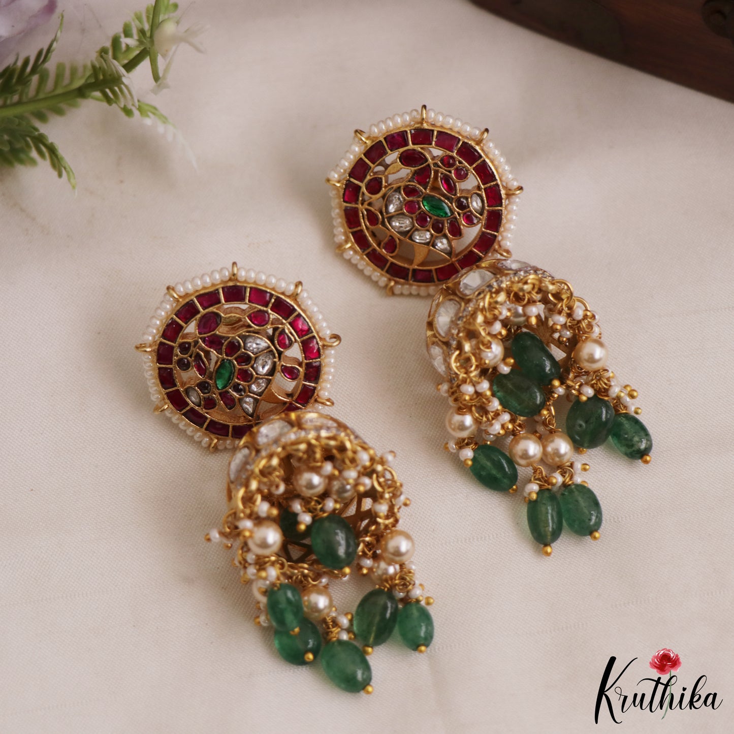 Stunning Peacock Motifs Polki Jadau Jhumka With Green Bead Drops E1083