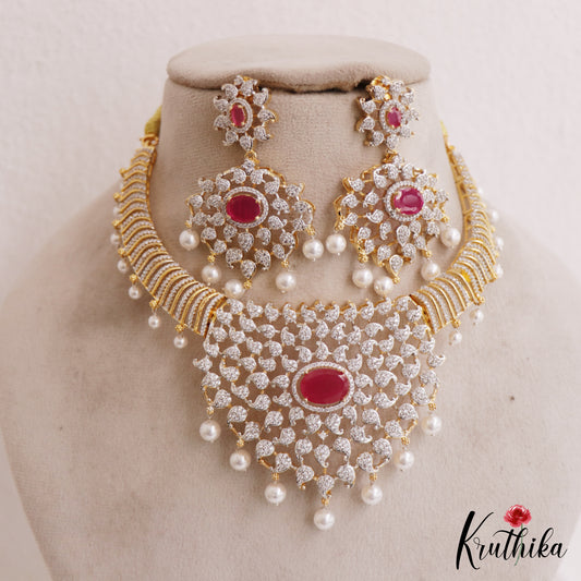 Sparkling Mango Motifs Diamond-Finish Gold-Tone AD Choker With Pearl Drops NC2760