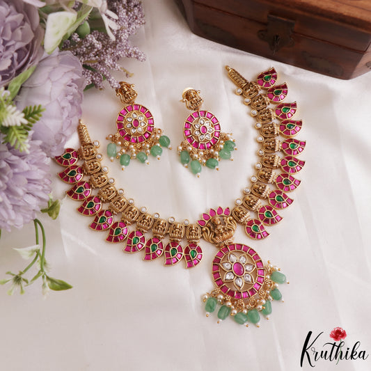 Premium Antique Lakshmi Mango Motifs Jadau Necklace With Green Bead Drops NC3165
