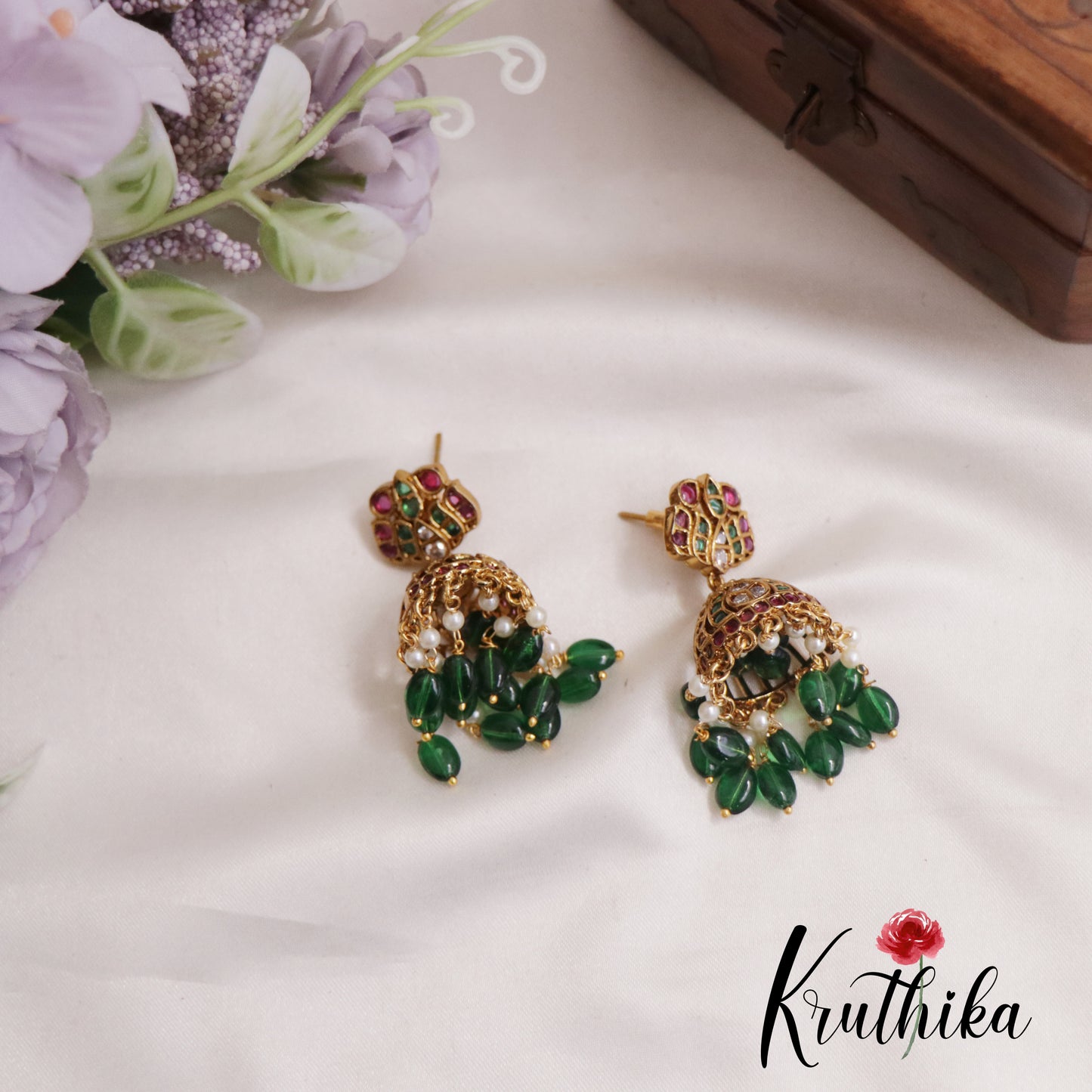Elegant Kemp Lotus With Bead And Pearl Drops Jhumka Earrings E806