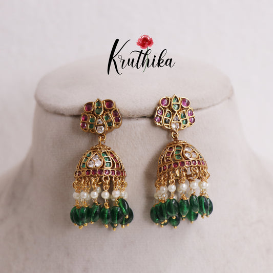 Elegant Kemp Lotus With Bead And Pearl Drops Jhumka Earrings E806