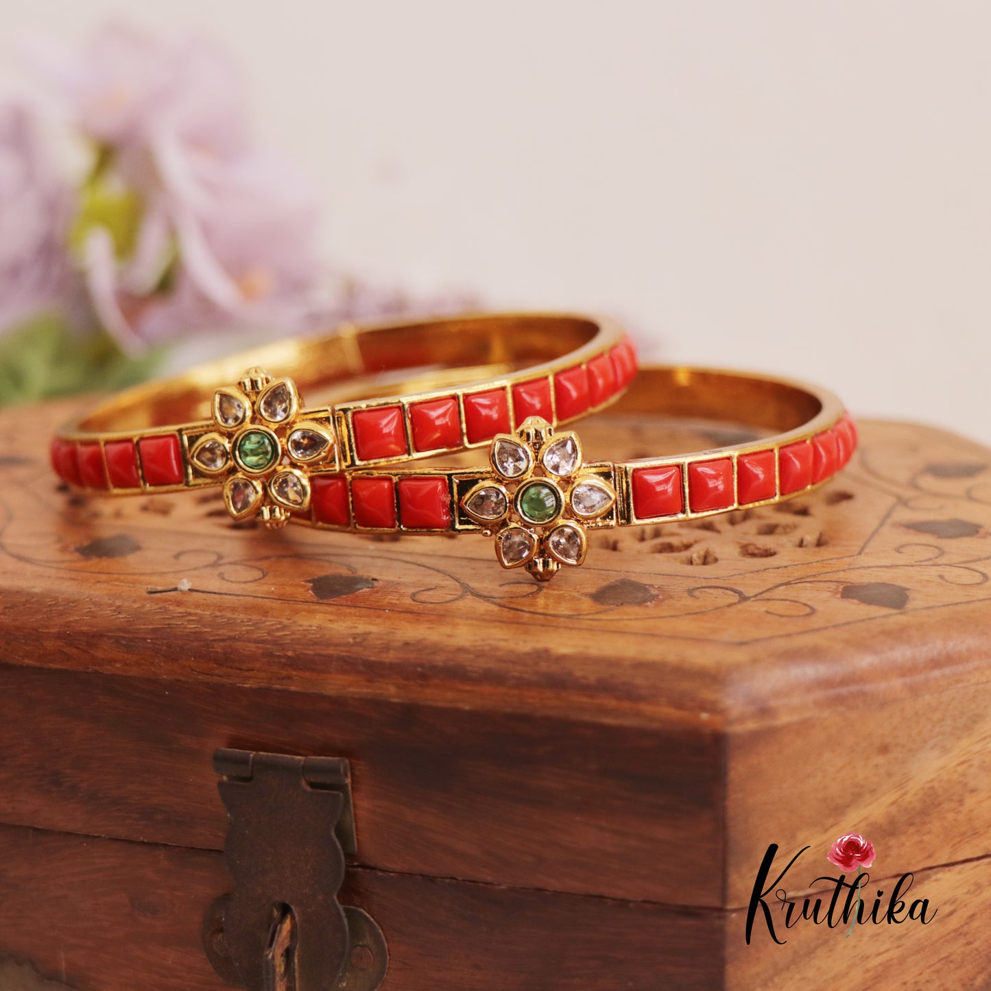 Premium Floral Square Motifs Coral Openable Kada B414 (Set Of 2)