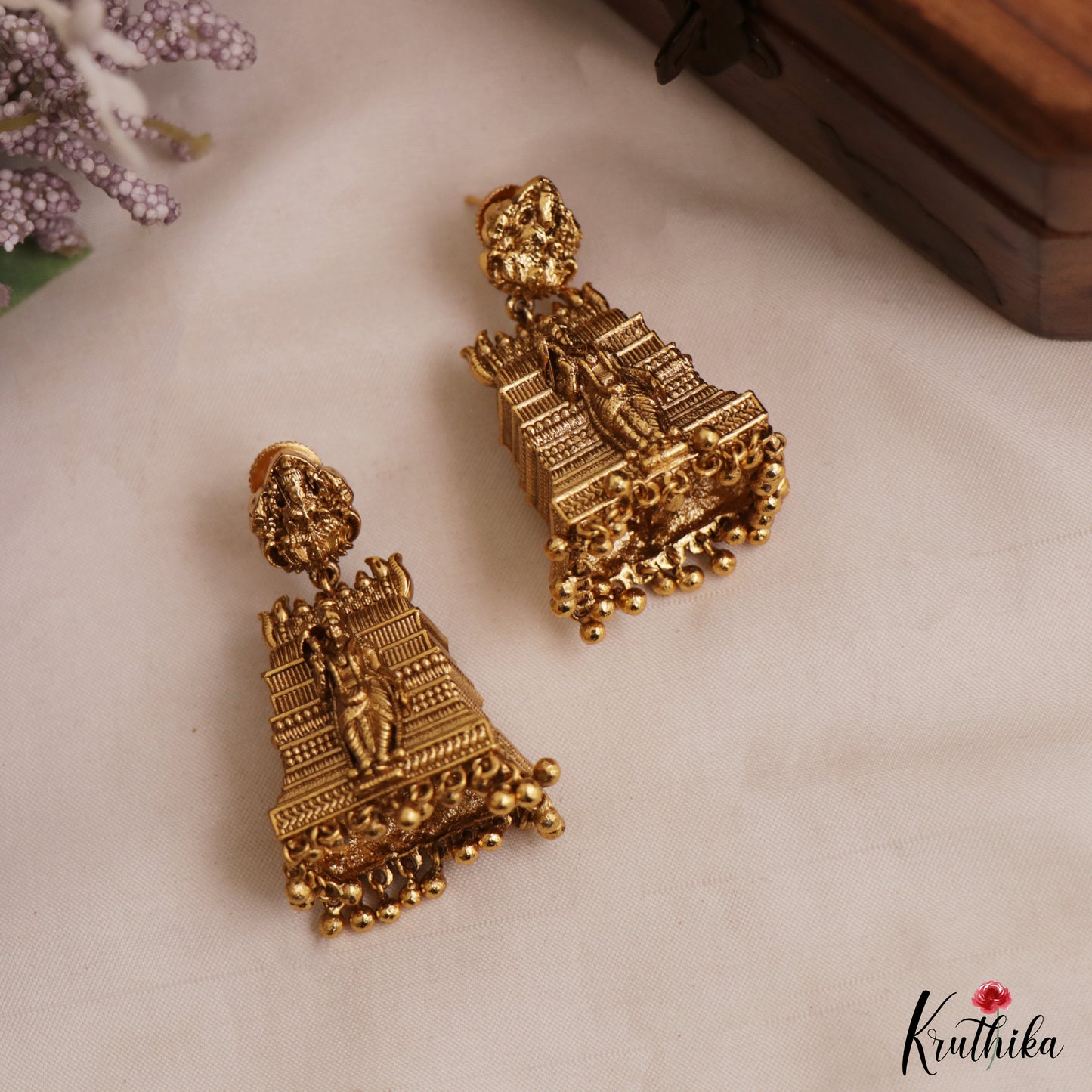 Classic Goddess Meenakshi Gopuram Jhumkas With Golden Bead Drops E1148