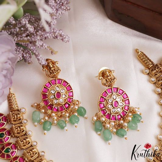 Premium Antique Lakshmi Mango Motifs Jadau Necklace With Green Bead Drops NC3165