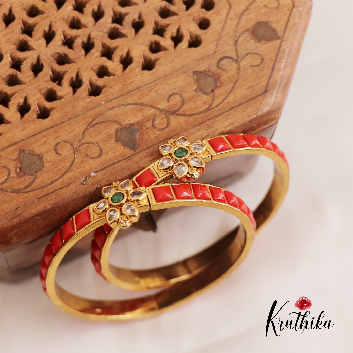 Premium Floral Square Motifs Coral Openable Kada B414 (Set Of 2)