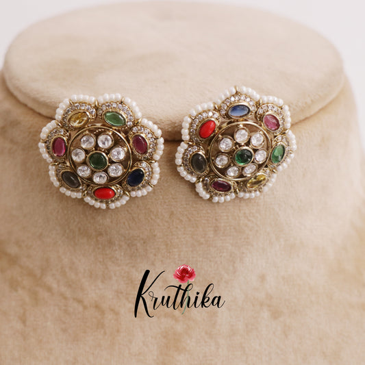 Beautiful Navratna Floral Studs with Pearl Border E685