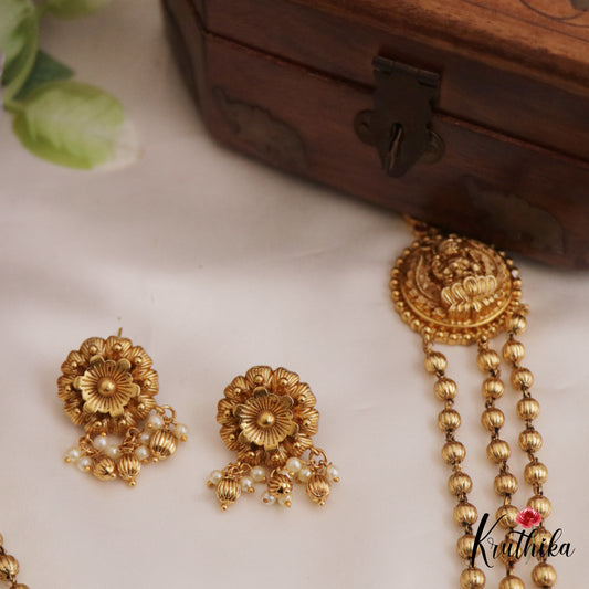 Beautiful Antique Lakshmi Motifs Triple Strand Golden Beaded Chain Necklace NC2707