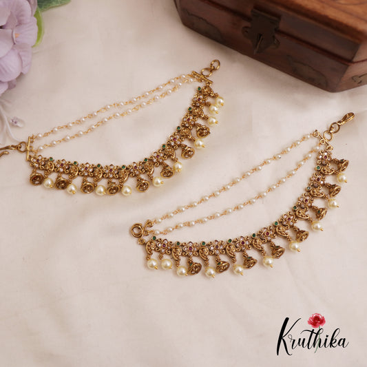 Beautiful Kemp Floral Pearl Drop Jhumka With Three Layered Earchains EC166