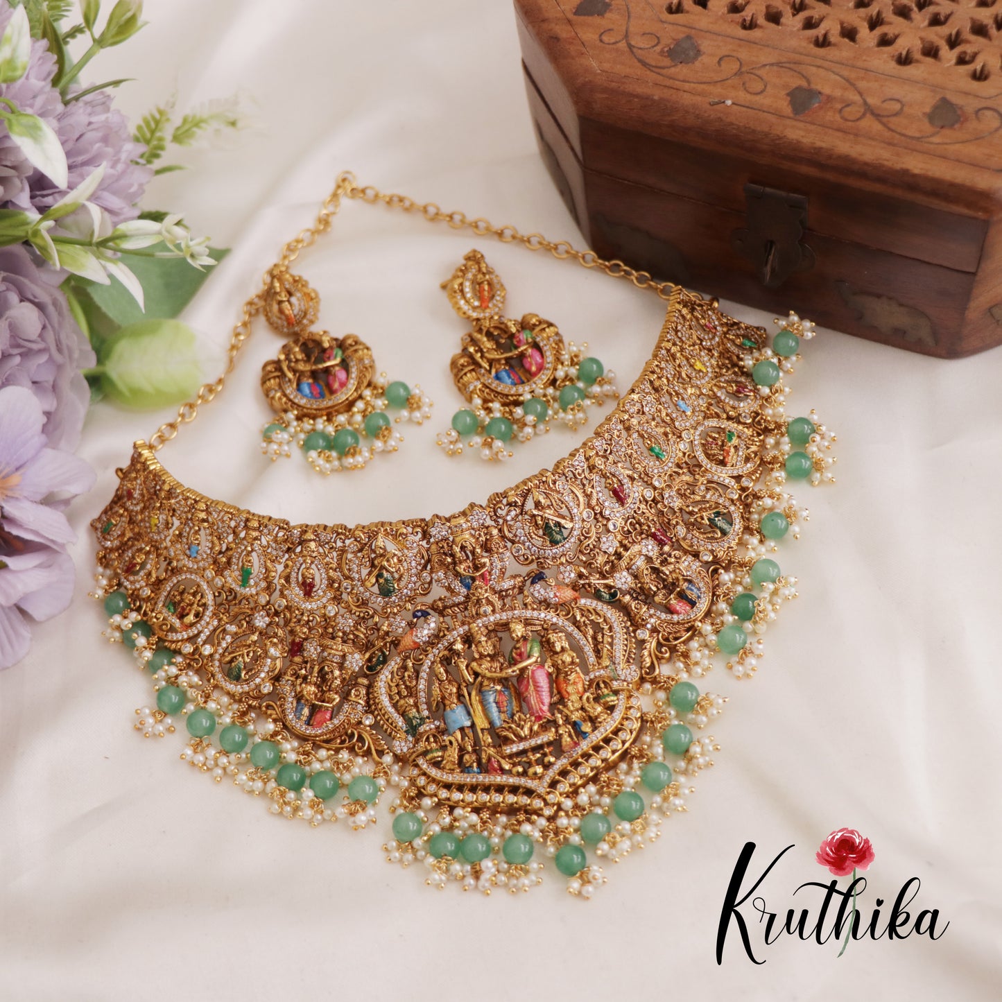 Intricate Hand painted Srinivasa Kalyanam Choker With Pearl And Bead Drops NC2607