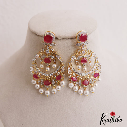 Stunning Floral Motifs AD Victorian Chandbali Earrings With Pearl Drops E1119 (Available In 2 Colors)