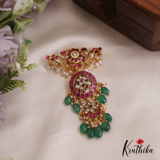 Gorgeous Floral Motifs Jadau Jada Billa With Green Bead Drops J357