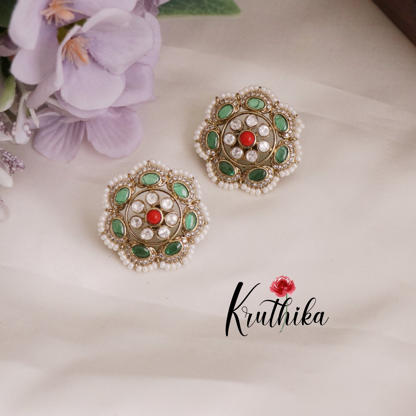 Trendy Pearl Border Floral Blossom Stud Earrings E683 (Available in 3 Colors)