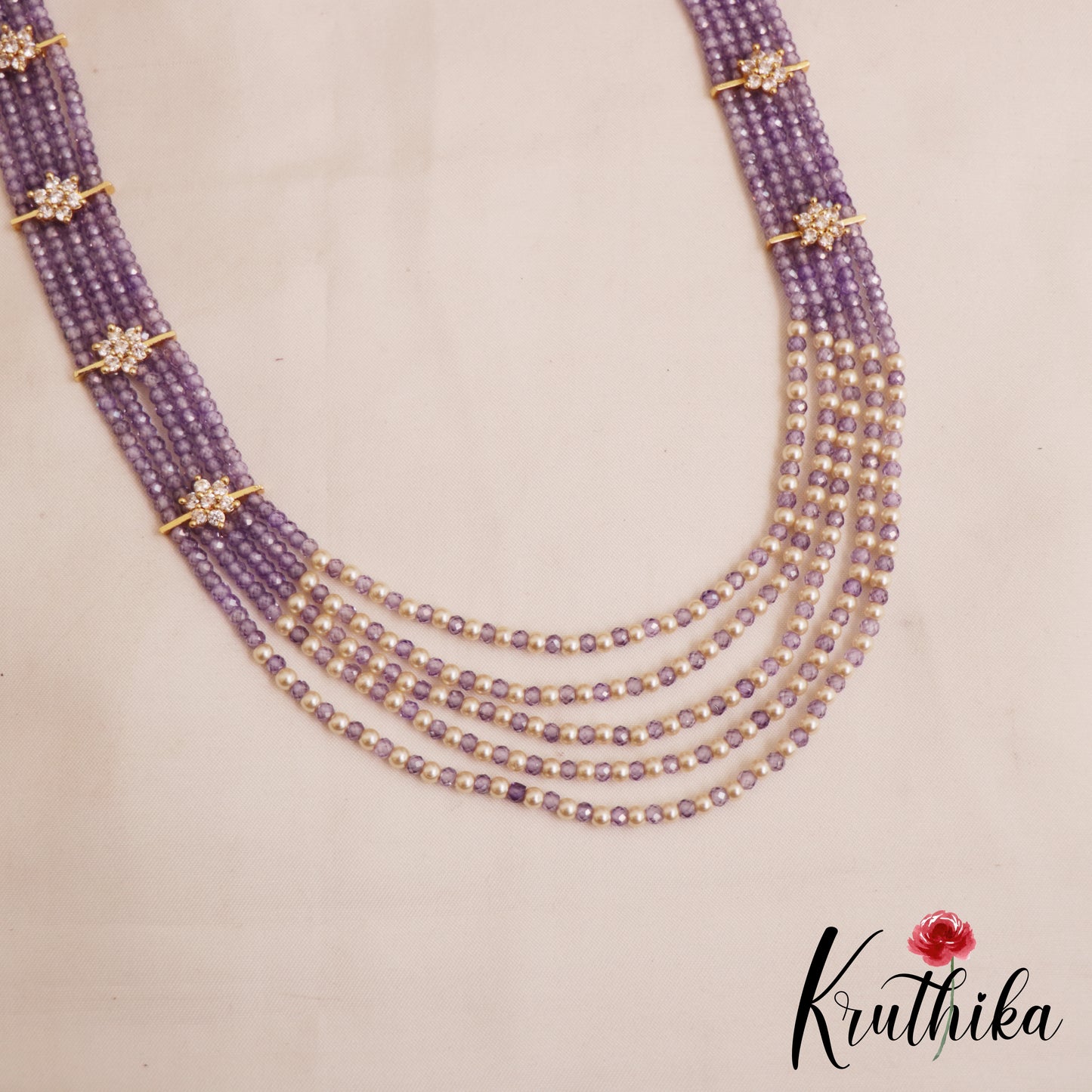 Sparkling Multi Layered crystal & Pearl statement Haaram with floral accents LH2081