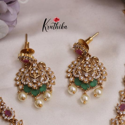 Classic CZ Floral Peacock With Pearl Drops Necklace NC2544