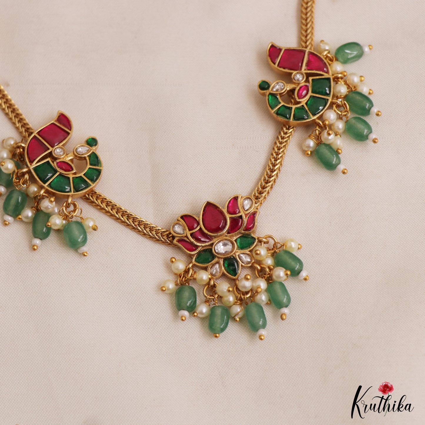Pretty Lotus Peacock Motifs Jadau Necklace With Green Bead Drops NC3029
