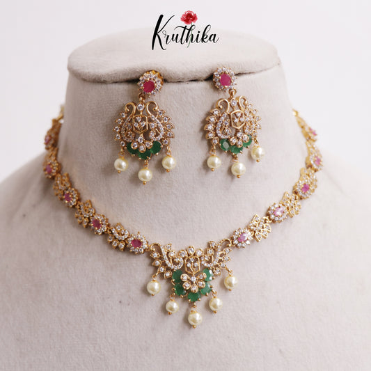 Classic CZ Floral Peacock With Pearl Drops Necklace NC2544