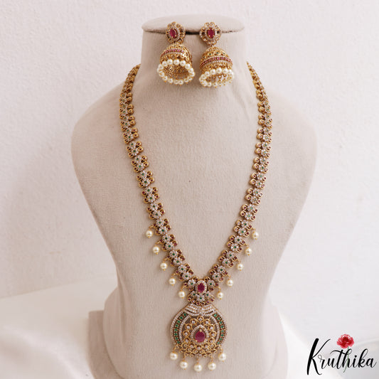 Sparkling Floral Motifs CZ Victorian Haaram With Pearl Drops LH2173