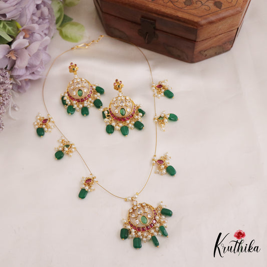 Elepant Kemp Invisible Chain Chandbali Pendant With Green Beads Drop NC2647