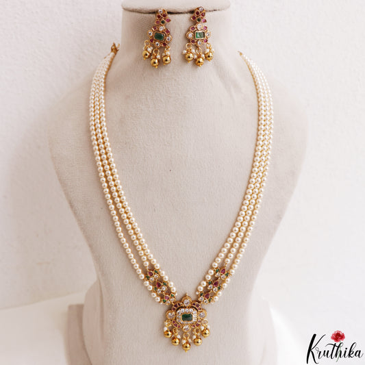 Elegant Multi Strand Pearl Chain With Kemp Square Teardrop Motifs Pendant LH2195 (Available In 3 Colors)