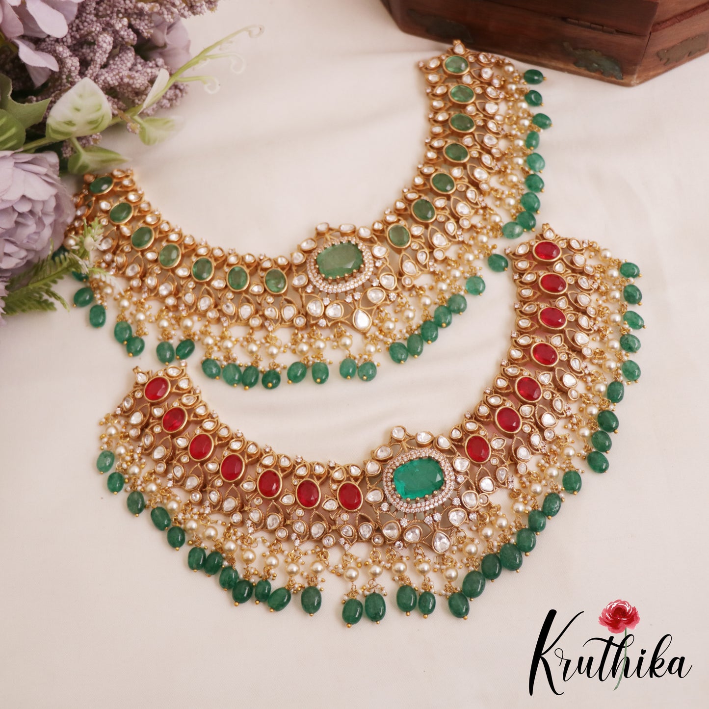 Premium Geometric Motifs Mossanaite Choker With Green Bead Drops NC2838 (Available In 2 colors)