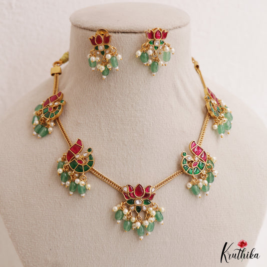 Pretty Lotus Peacock Motifs Jadau Necklace With Green Bead Drops NC3029