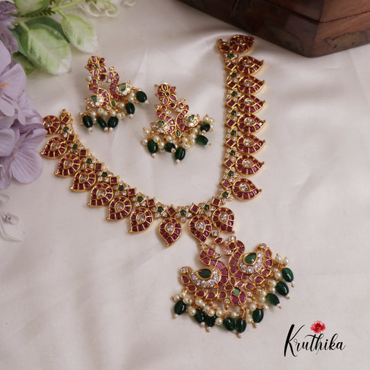 Premium Traditional Kemp Mango Peacock Necklace With Beads NC2531