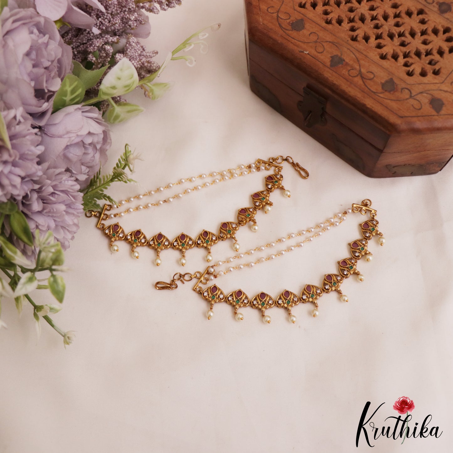Elegant Antique Multi Strand Earchains With Pearl Drops EC205