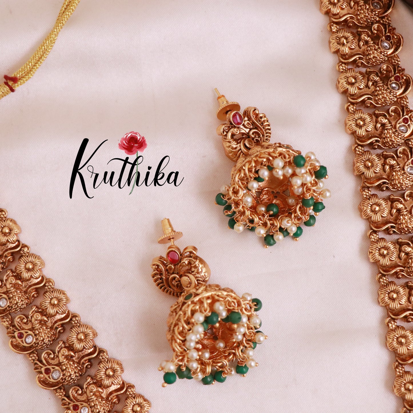 Premium peacock Kemp stones green bead drops haaram LH814