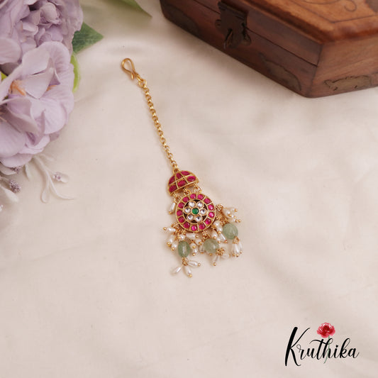 Beautiful Floral Jadau Maang Tikka With Bead And Pearl Drops MT307