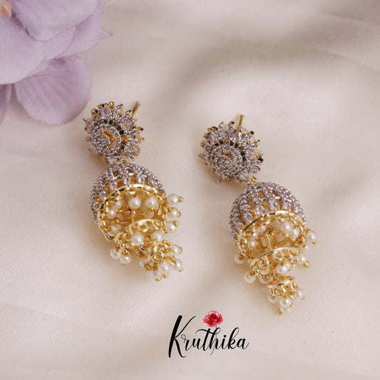 Trendy CZ Sparkling Jhumka with Pearls Drops E695