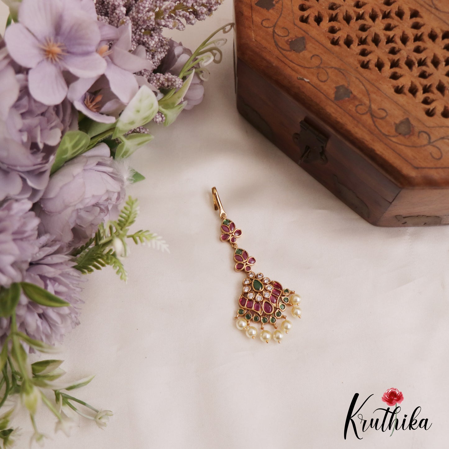 Elegant Floral Motifs Kemp Maang Tikka With Pearl Drops MT361
