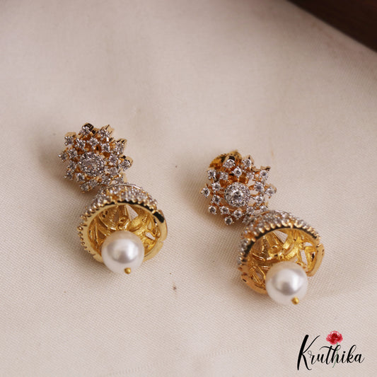 Trendy Floral Motifs CZ Jhumkas With Pearl Drop E1120