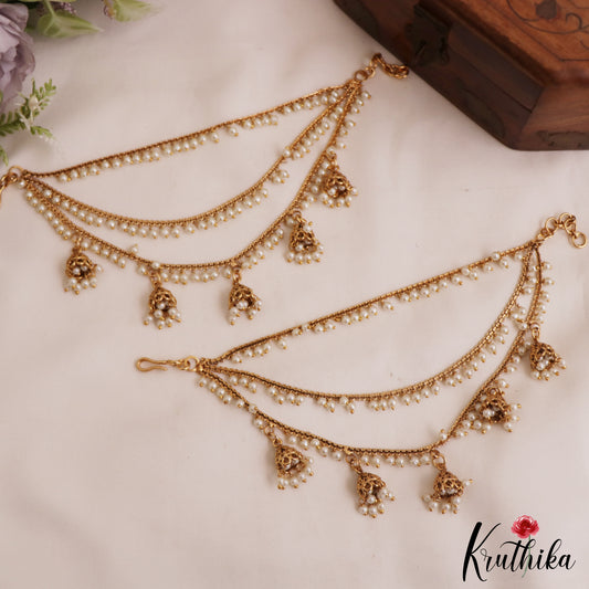 Classic Triple Pearl Beaded Earchains With Jhumka Pearl Drops EC210