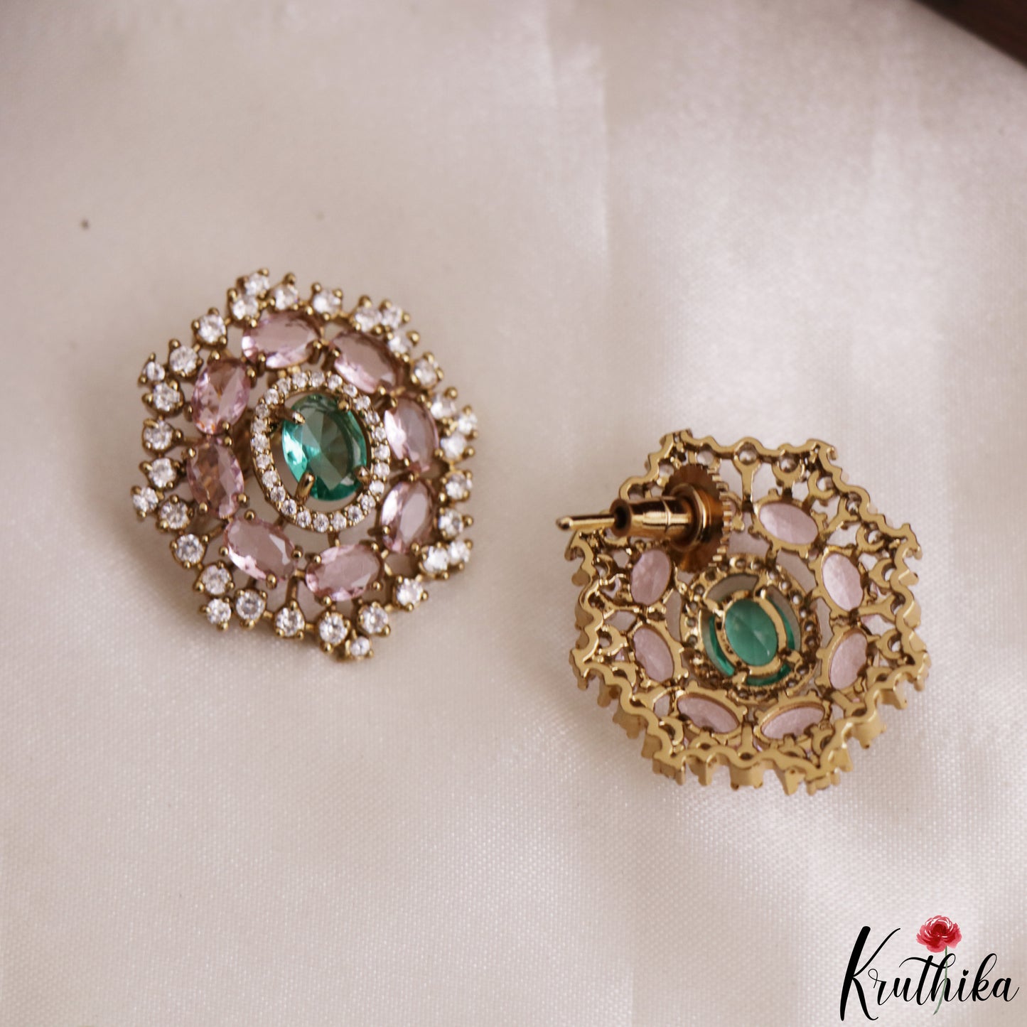 Trendy Floral Motifs CZ Victorian Stud Earrings E1215