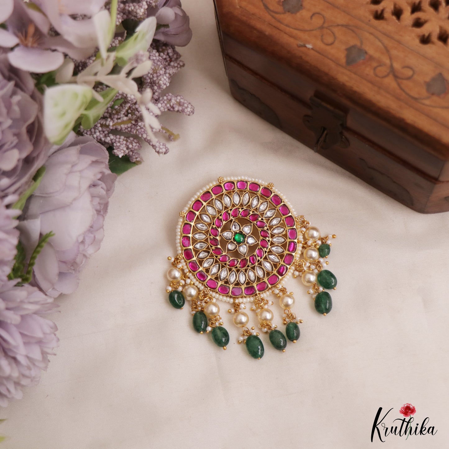 Gorgeous Floral Motifs Jadau Pendant With Green Bead Drops PS299