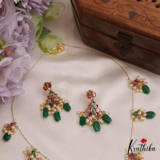 Trendy Kemp Floral Motifs Invisible Chain with Green Beads Drops NC2648