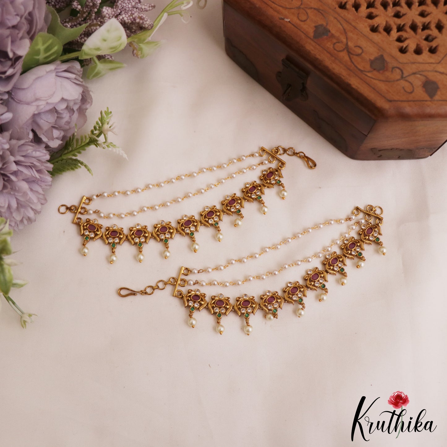 Beautiful Antique Floral Motifs Multi Strand Earchains With Pearl Drops EC211