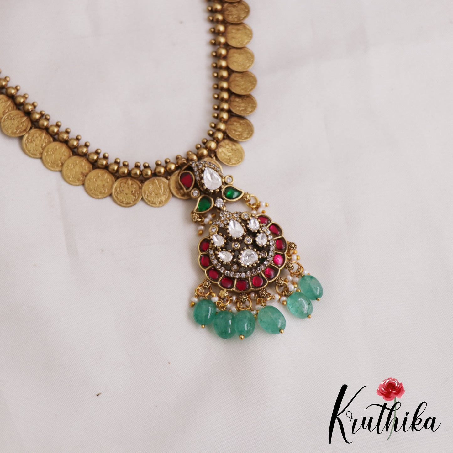 Elegant Antique Lakshmi Kasu Jadau Necklace With Green Bead Drops NC2879