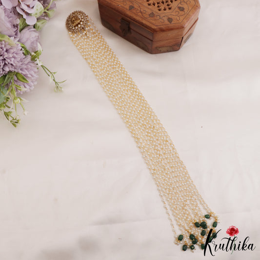 Stunning Antique Lakshmi Motifs Multi Pearl Strand Jada Billa With Green Bead Drops J315 (Available In 2 Colors)