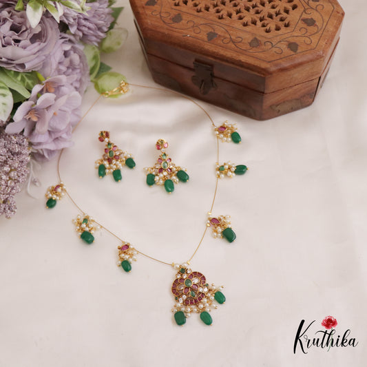 Trendy Kemp Floral Motifs Invisible Chain with Green Beads Drops NC2648